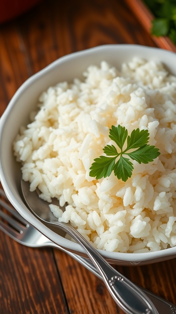 A bowl of fluffy white rice garnished with parsley, on a wooden table with a fork.